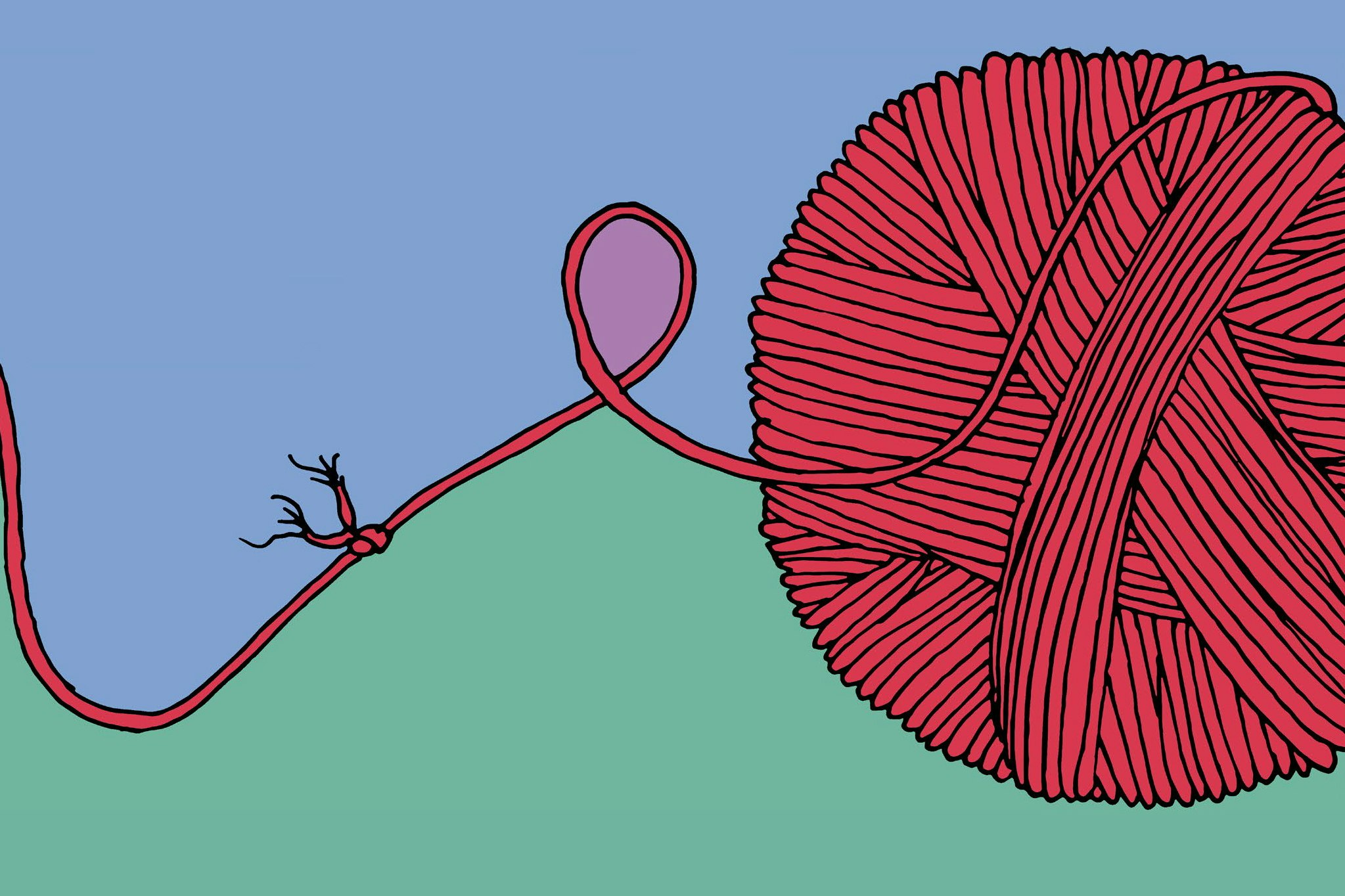 An illustration of a red ball of string on a blue and green background. Part of the string is tied in a not