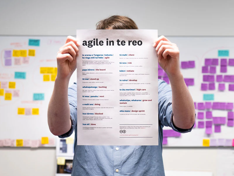 A man holds up a piece of paper with the te reo Māori translations for agile project management words