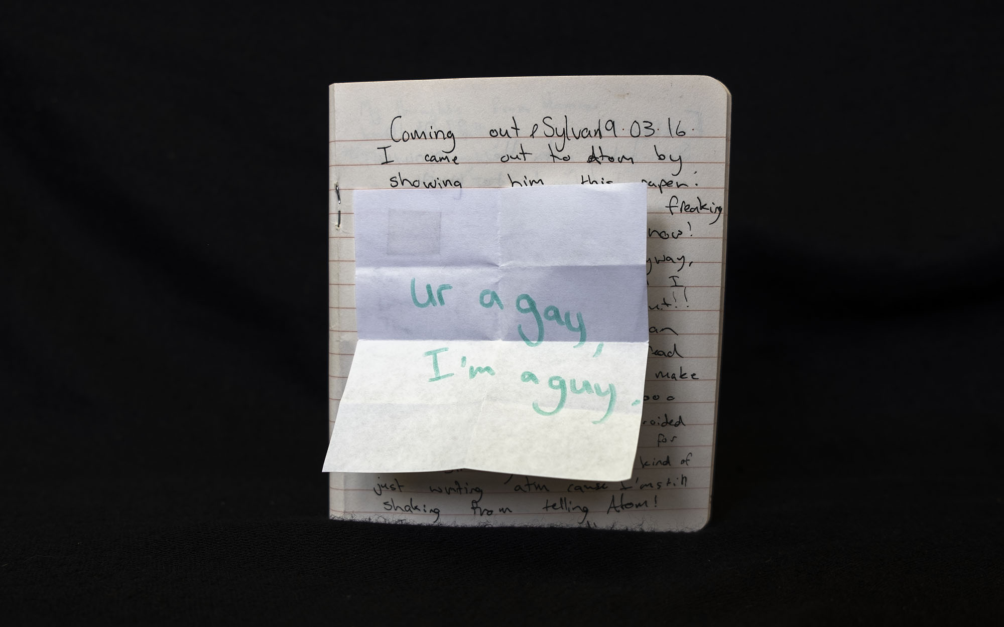 A page of a diary with a note attached to it that says "ur a gay, I'm a guy"