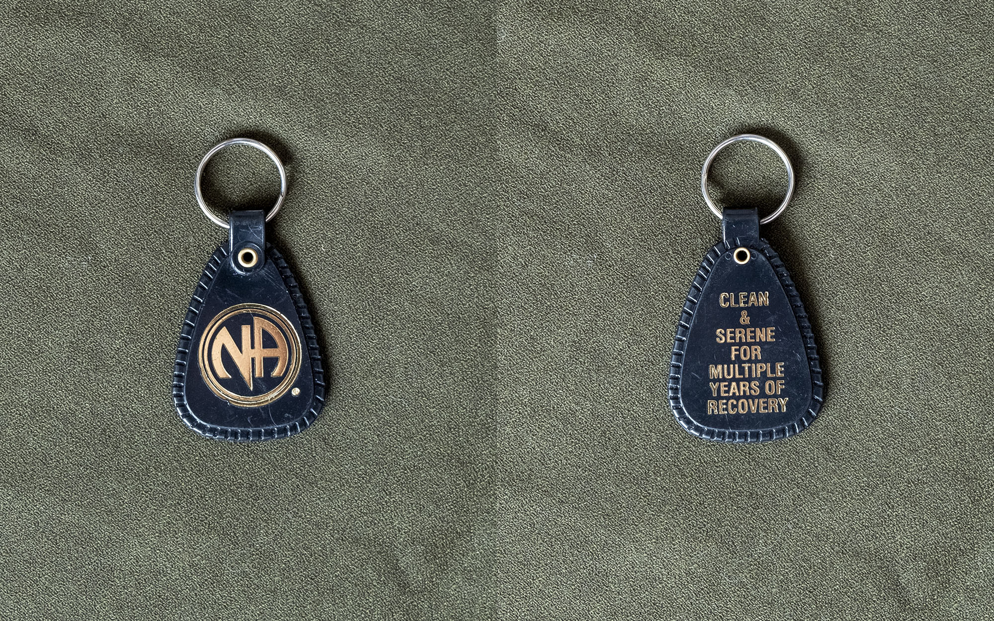 Tag from Narcotics Anonymous that says "Clean and serene for multiple years of recovery"