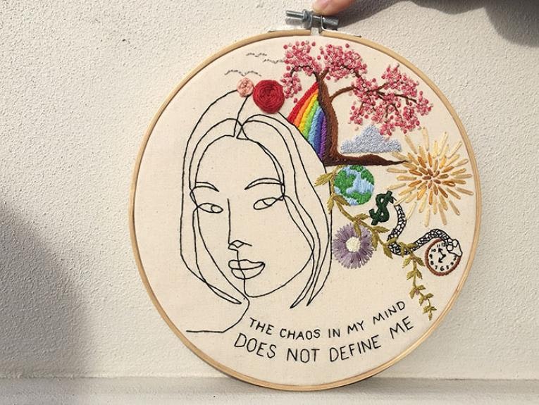 Embroided portrait of a face