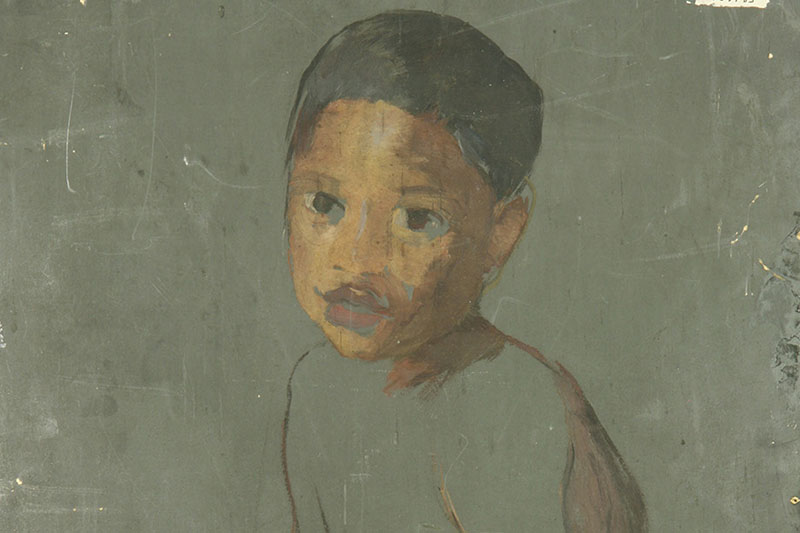 Unfinished painting of a young boy on the back of a canvas