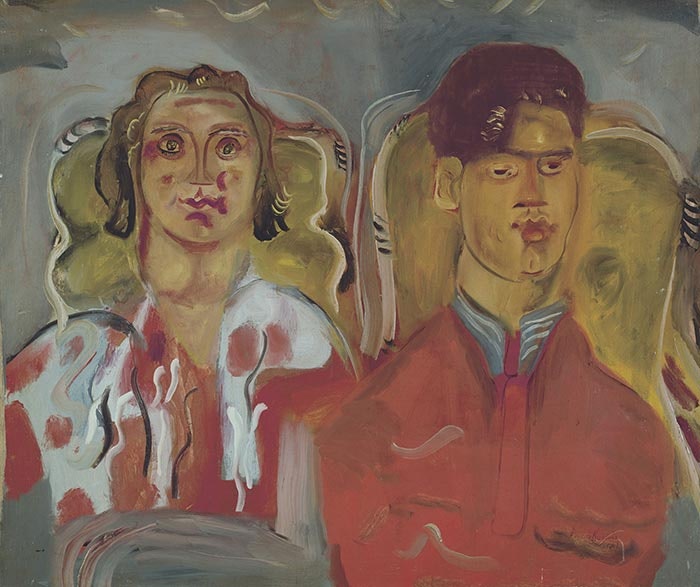 Painting of two people sitting on chairs