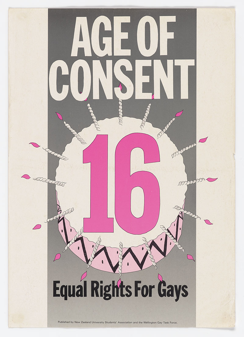Poster featuring an illustration of a cake with 16 written on it and 16 candles, with the words ‘Age of Consent’ and ‘Equal rights for gays’ on it
