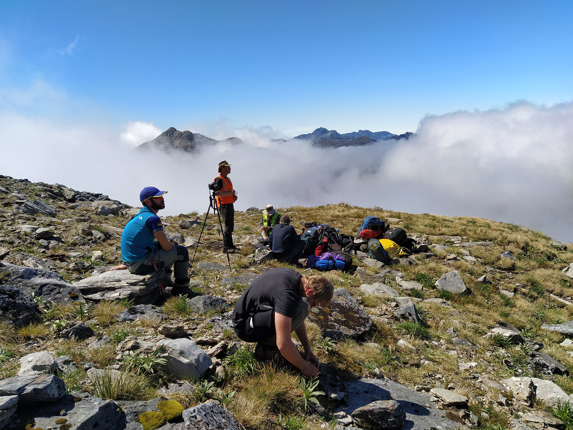 People on top of a hill in the clouds