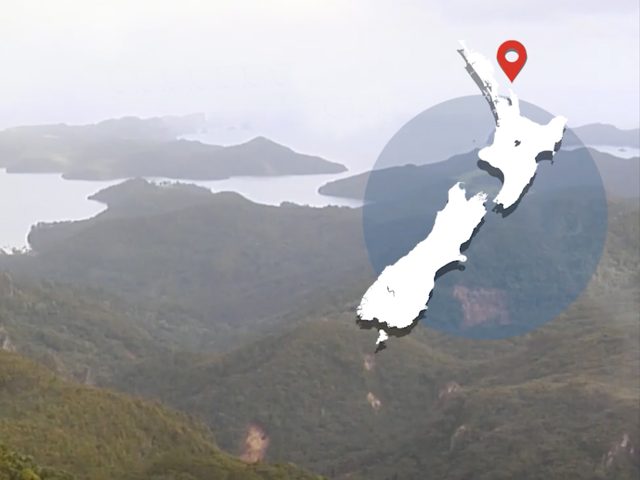 A view across an inlet with the sun shining low on it. There's a map of New Zealand overlaid on the image on the top right-hand side.