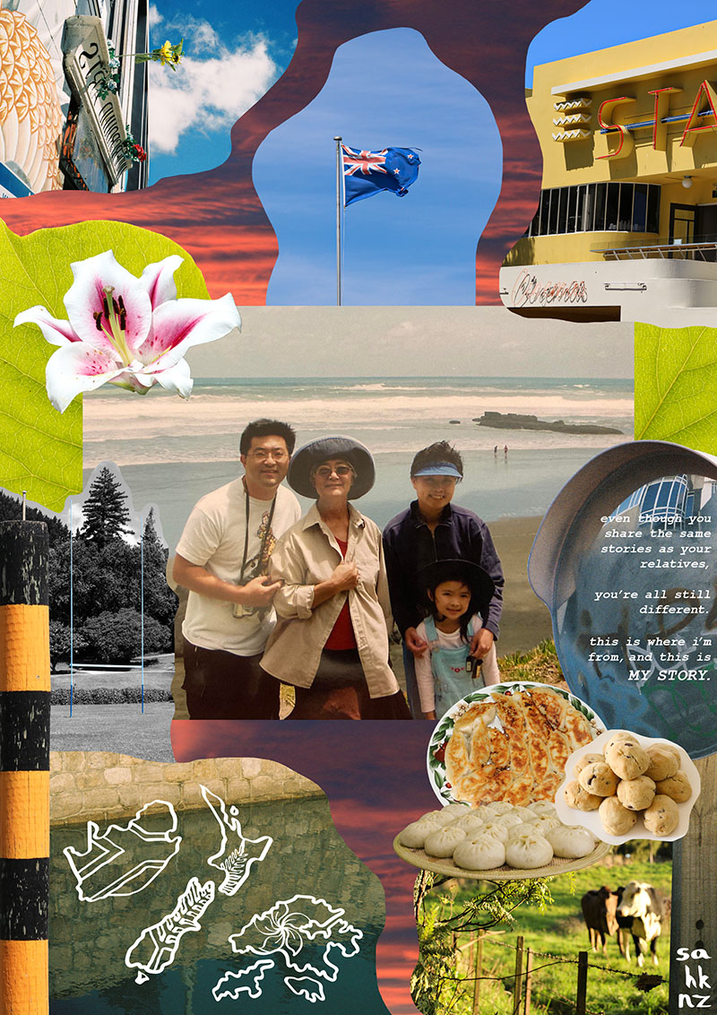 Collage of photos. In the middle is a family photo at the beach, showing four people. Surrounding this photos are many photos depiting the New Zealand flag, food, cows in a field, a flower, and a rugby goalpost