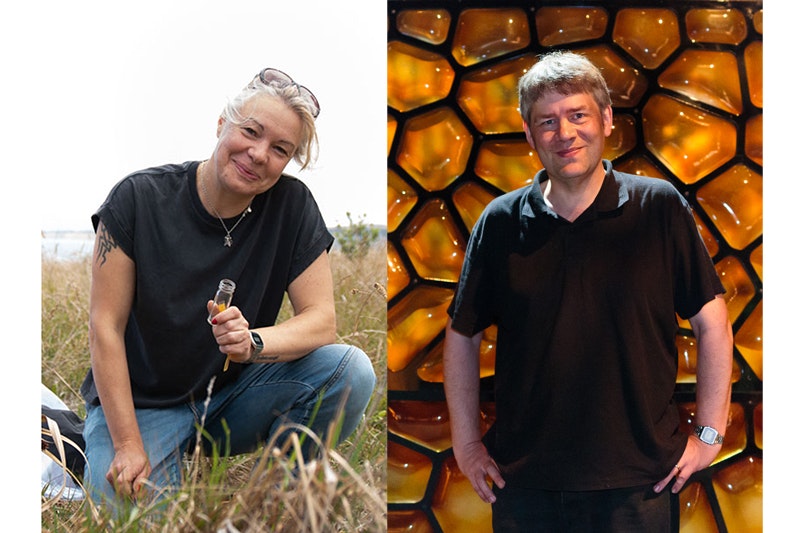 Split image with a woman crouched down outside and a man standing in front of a giant plastic beehive.